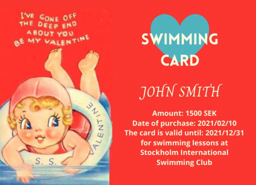 Stockholm International Swimming Club SISC Gift Card for Valentine's Day with retro girl swimming with an SS Valentine lifesaver